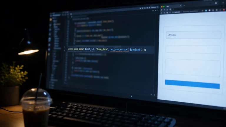 Ekran IDE-a s linijom update_post_meta i wp_json_encode podcrtanom upozorenjem, pored forme s pokvarenim placeholderom u0161to